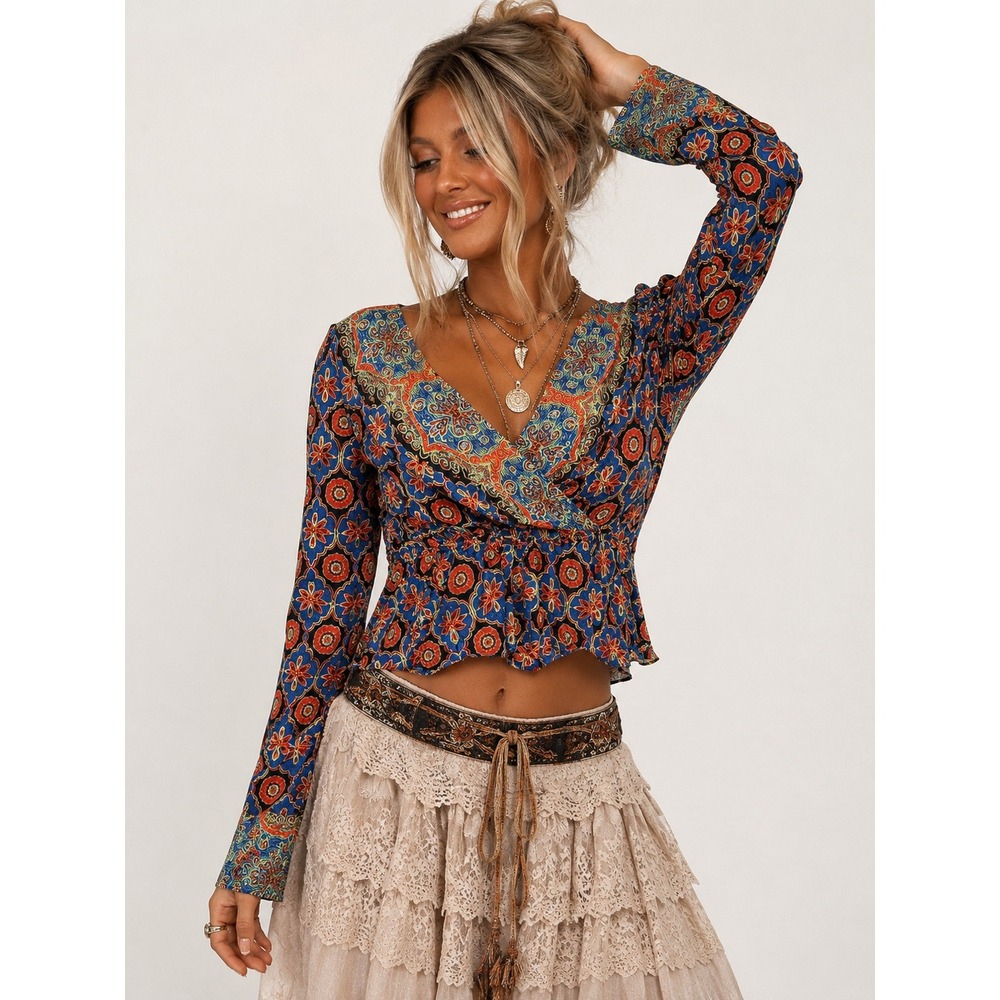 Free People Multicolor Geometric Medallion Peplum Boho Blouse Size M NWOT New